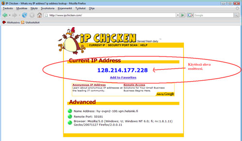 IP-osoitteen tarkistus ipchicken-sivulta