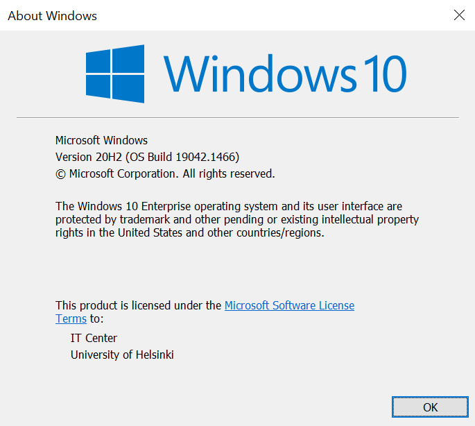 Kuva Windows 10 -version kertovasta "About" -ikkunasta.