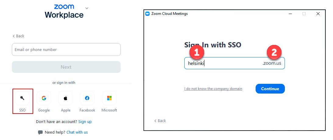 zoom log in information: choose SSO and helsinki as domain