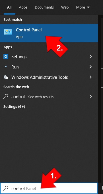 Windows 10:n starttivalikon haku Control Panel